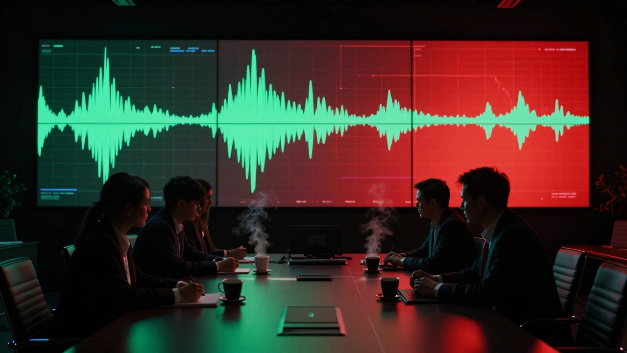 Executives in dark room viewing abstract data graphs on large monitors.