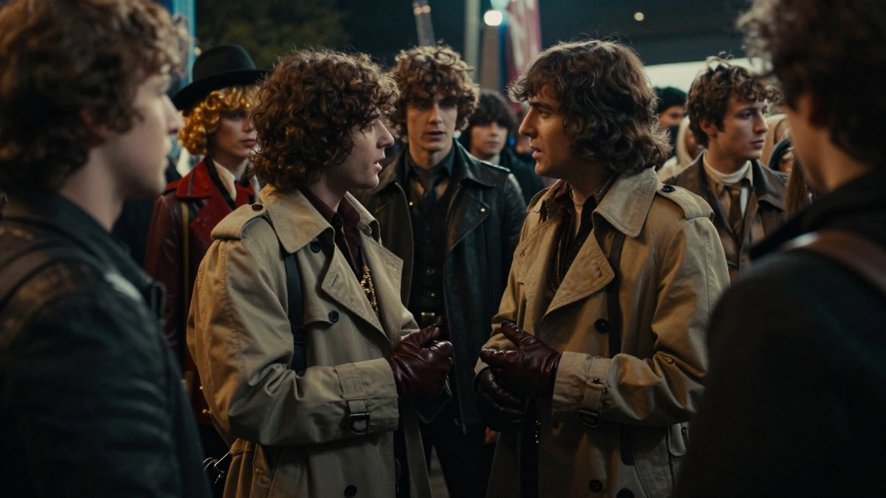 Fans in cult cinema attire debating passionately during a film festival midnight queue.