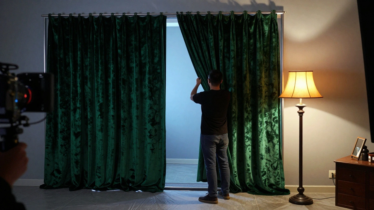 Film crew member installing heavy velvet curtains to hide modern windows on a movie set.