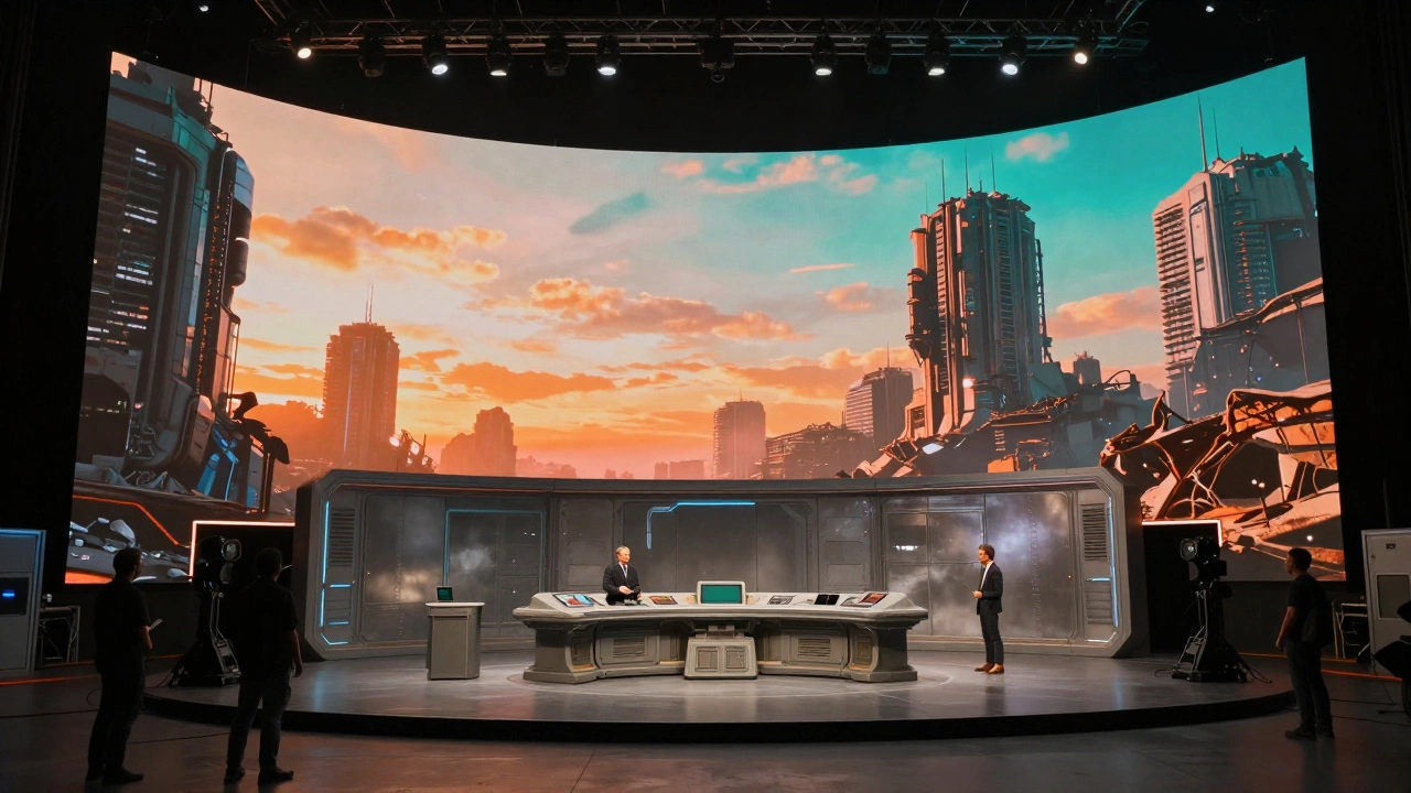Film crew on a virtual production set with a massive LED wall displaying a ruined city.