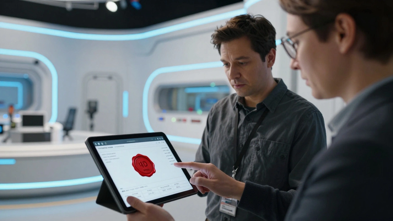 Film crew reviewing a digital asset guide on a tablet on a futuristic movie set.