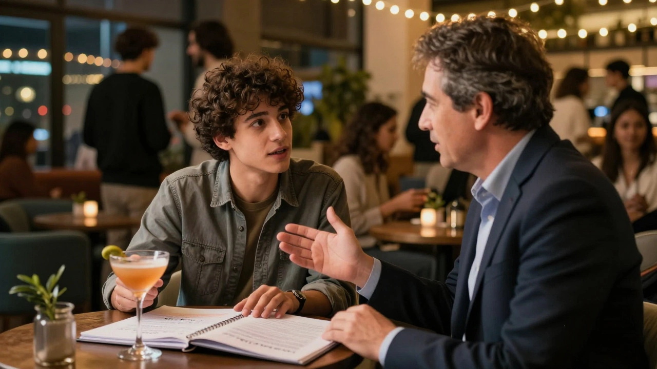 Filmmaker networking with a producer at a festival lounge with a script on the table