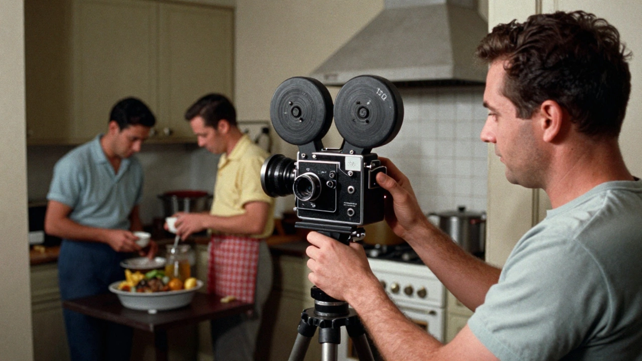 Filmmaker with a vintage 16mm camera observing people in a 1960s kitchen