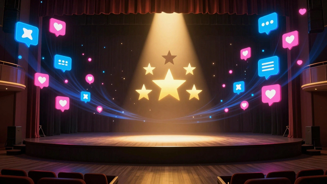Five glowing stars on a stage surrounded by swirling social media icons