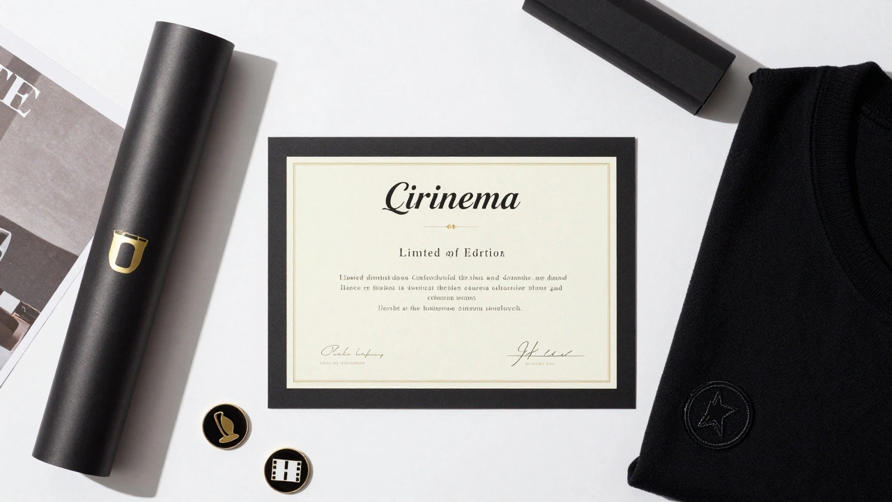 Flat lay of a limited edition cinema art set with a certificate of authenticity and branded packaging