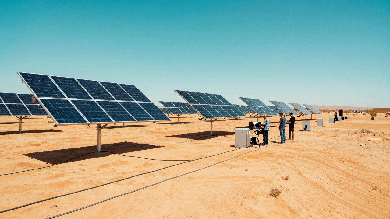 Foldable solar panels charging power stations on a sunny outdoor film location in the desert.