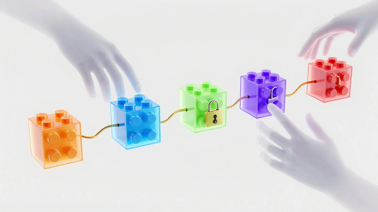 Glowing 3D blocks representing a modular movie plot connected by a golden thread