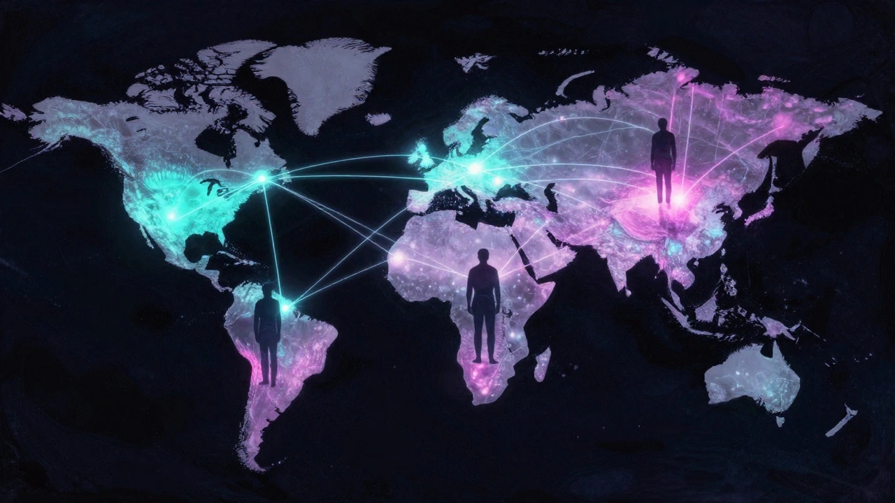 Glowing network connections over film-textured world map concept