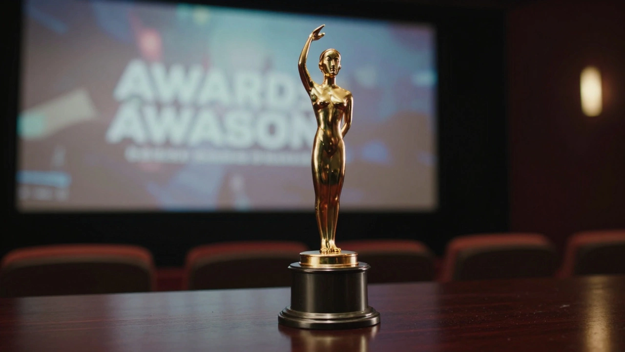 Gold award trophy in the foreground with a blurred cinema screen in a dark theater.