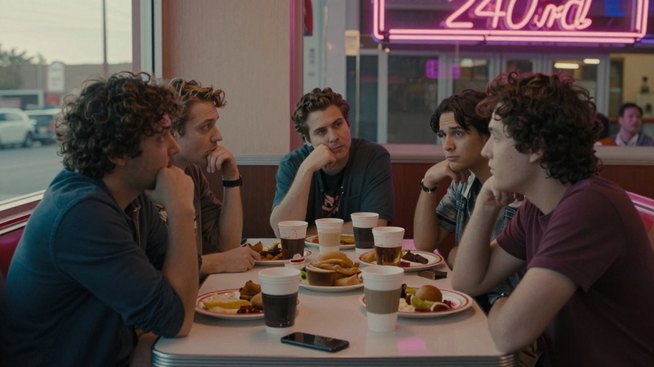 Group of exhausted moviegoers discussing a film at a neon-lit diner at dawn.