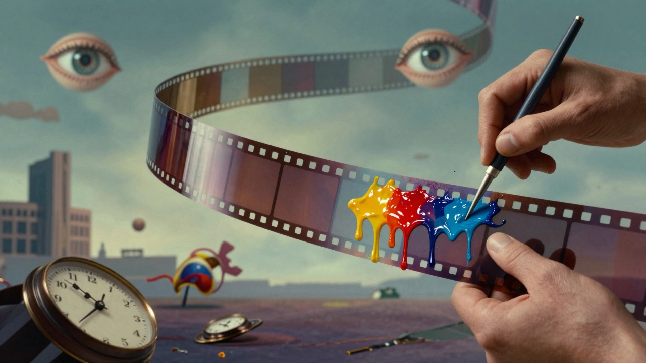 Hands painting and scratching a floating film strip surrounded by surreal dream imagery.