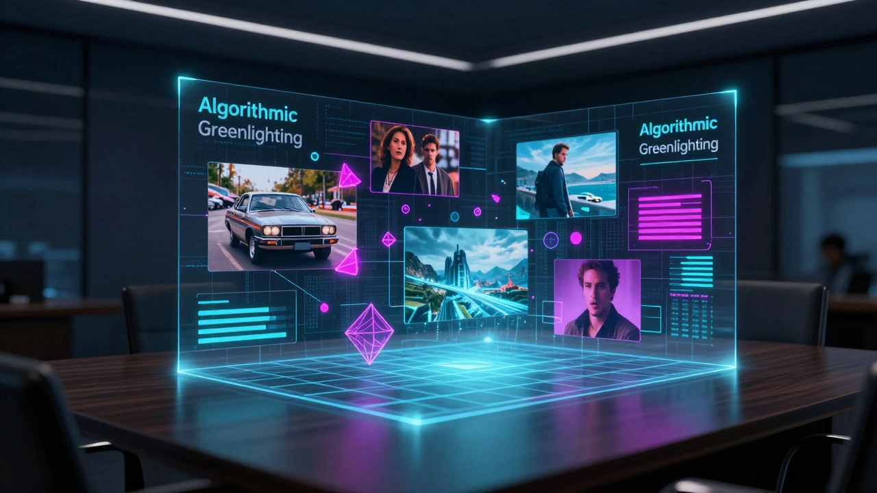 Holographic data streams and movie scenes being analyzed in a futuristic boardroom.