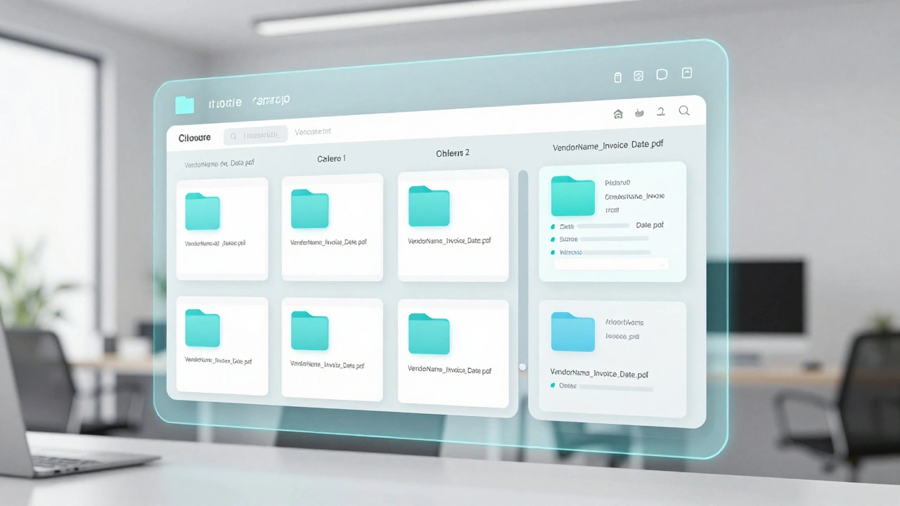 Holographic interface showing an organized digital archive of film production invoices