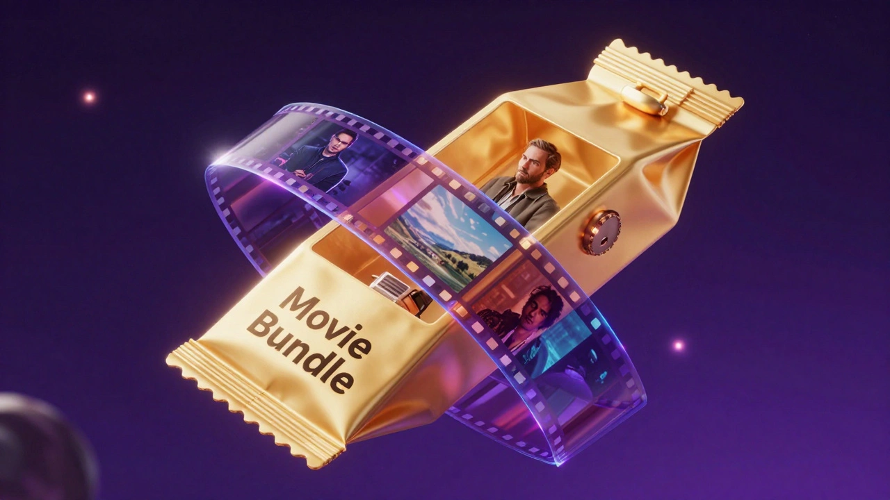 Holographic movie bundle combining multiple film themes into one glowing package