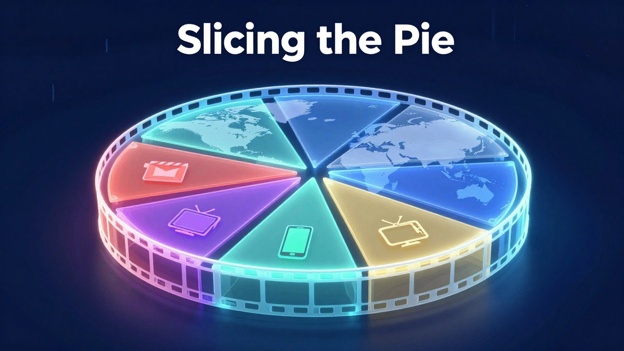 Holographic pie chart dividing a film strip into regional and platform distribution rights.
