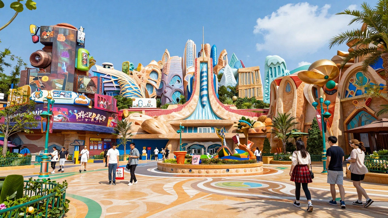 Immersive themed land in a large amusement park based on a cinematic movie universe.