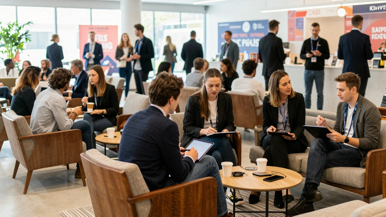 Industry professionals networking and negotiating at a busy film festival lounge.