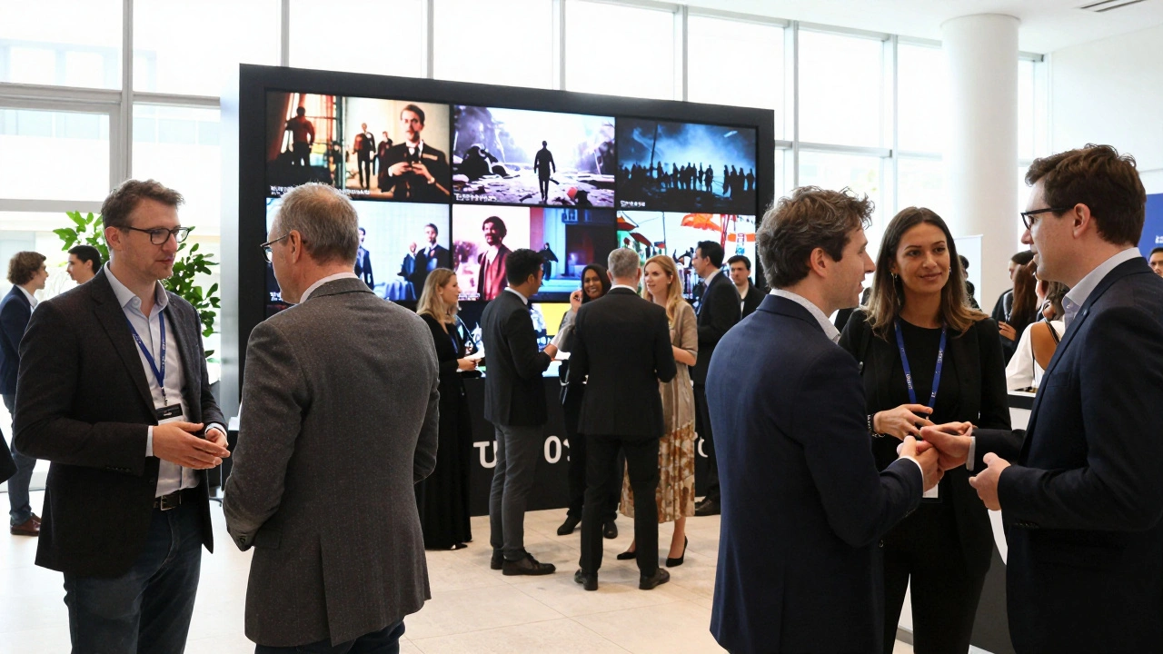 Industry professionals networking in a bright, modern film festival lobby with movie stills in the background.