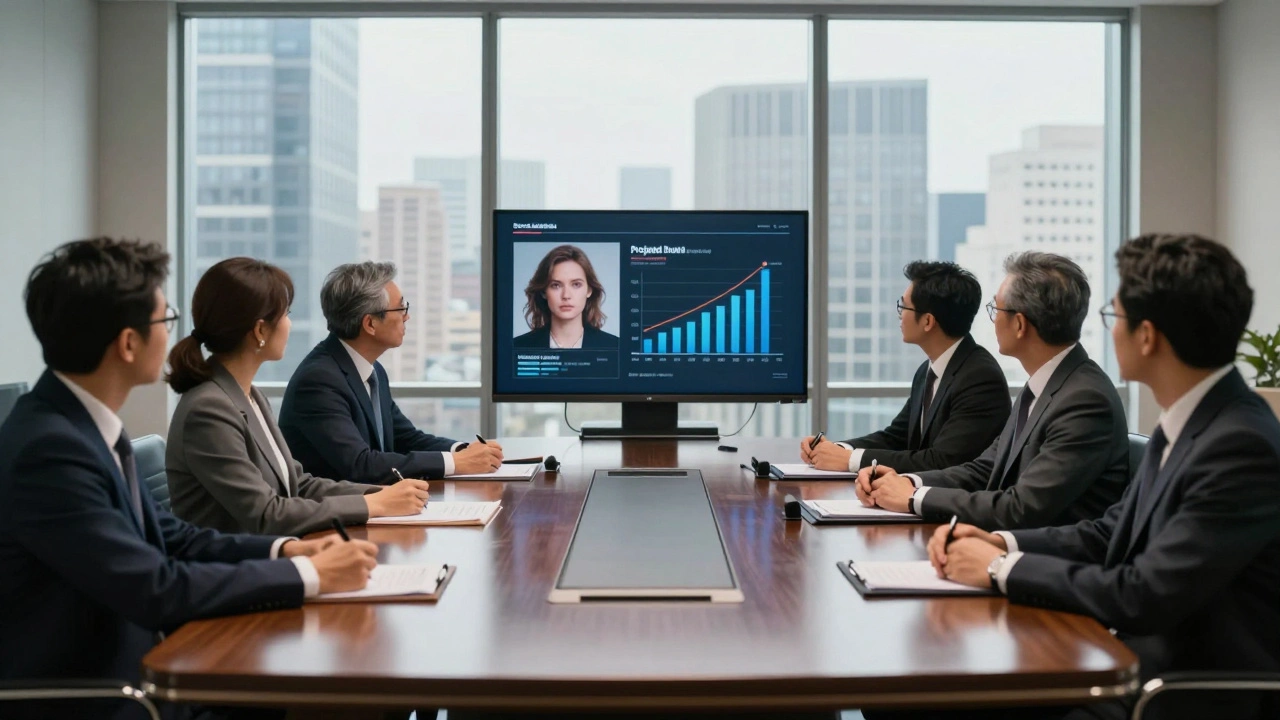 Investors in a boardroom reviewing a lead actor's profile for film funding