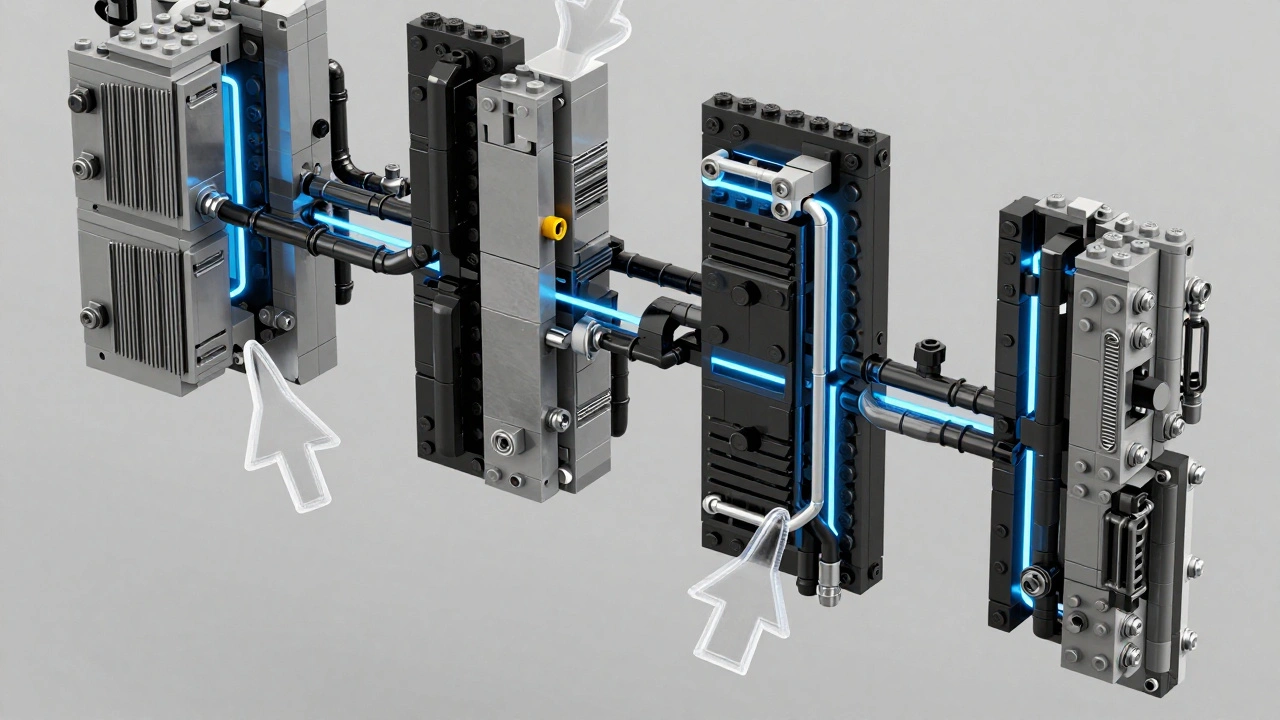 Isometric view of modular 3D sci-fi architectural components organized in a digital grid.