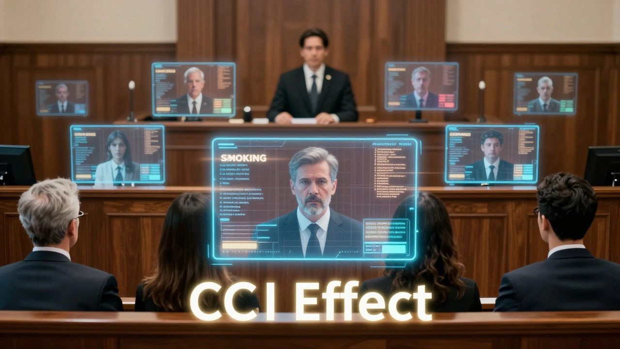 Jurors seeing holographic evidence in a real courtroom, illustrating the CSI Effect.