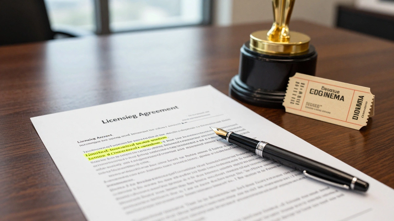 Legal contract and an Oscar trophy on a boardroom table representing a licensing deal