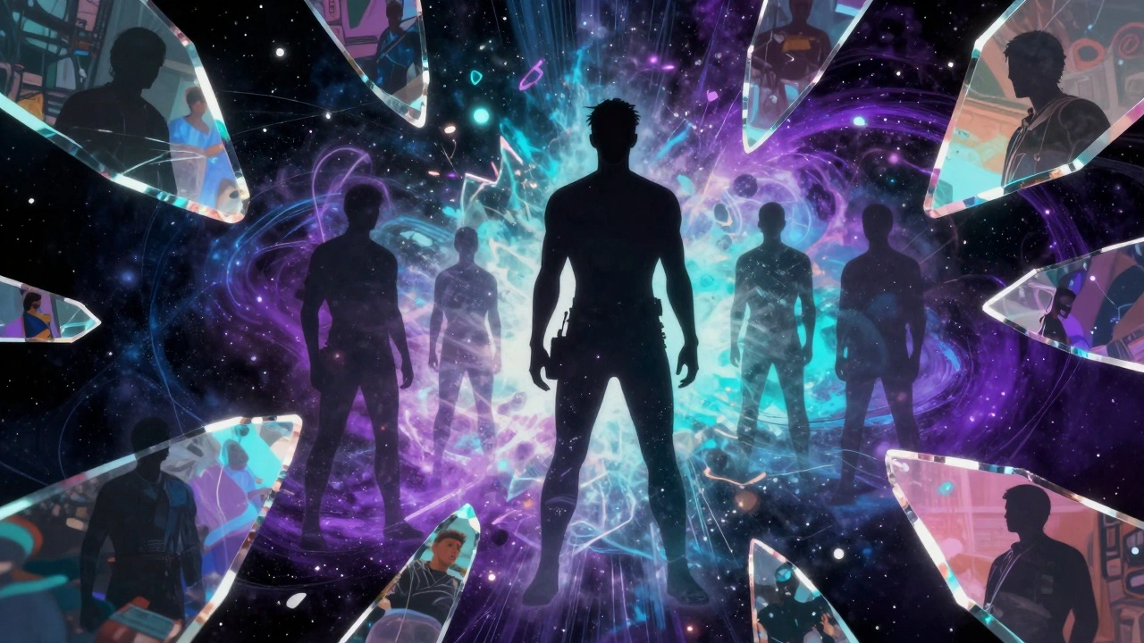 Multiple versions of a hero character reflected in floating cosmic glass shards.