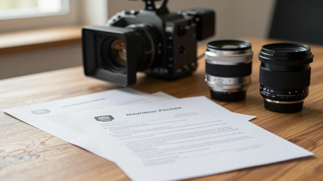 Official insurance documents and cinema lenses on a desk with a professional camera in the background.