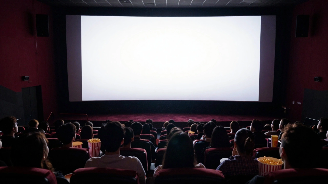 Packed theater audience watching a bright screen during a film premiere opening night.