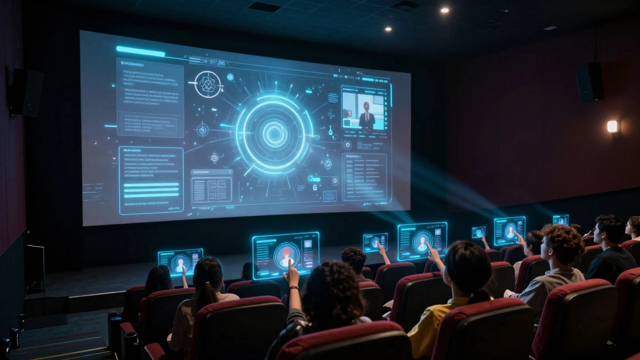 People in a movie theater interacting with a giant holographic social media interface on the screen.