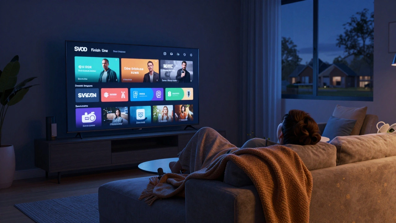 Person relaxing on a sofa watching a movie on a large TV in a dimly lit room.