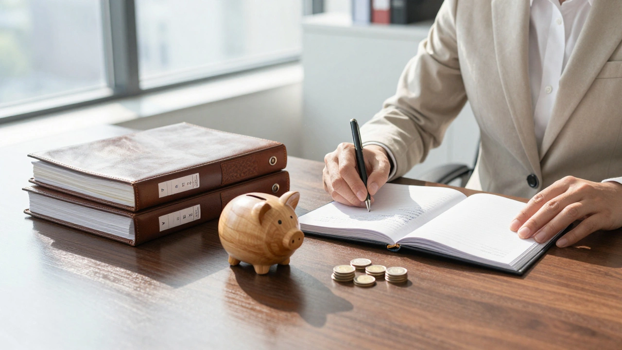 Producer organizing budget folders and cash reserves on wooden desk.