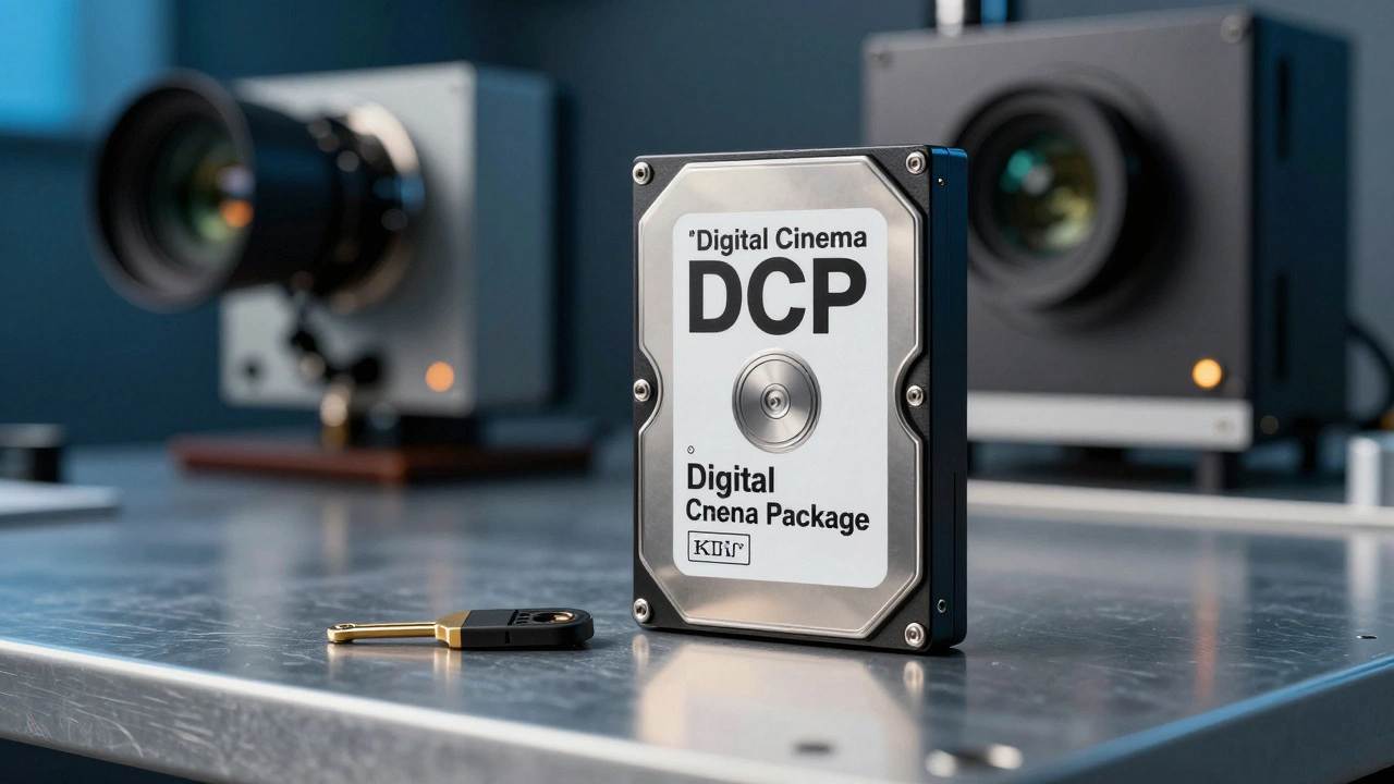 Professional DCP hard drive and encryption key on a technician's desk in a projection booth