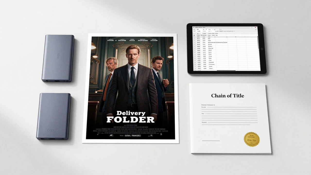 Professional filmmaker's delivery kit with a hard drive, poster, and legal documents.