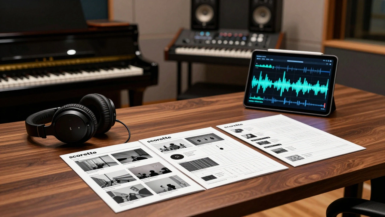 Professional music studio equipment and campaign storyboards on a desk