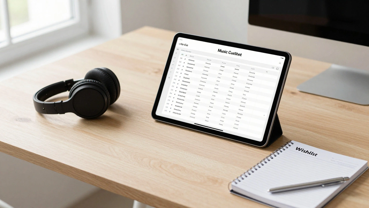 Professional music supervisor's desk with a music cue sheet and headphones