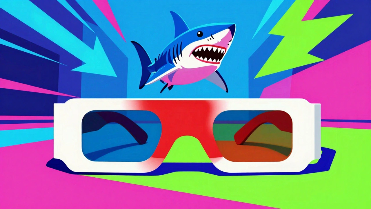 Red and blue anaglyph 3D glasses with pop-out movie elements in a neon pop-art style