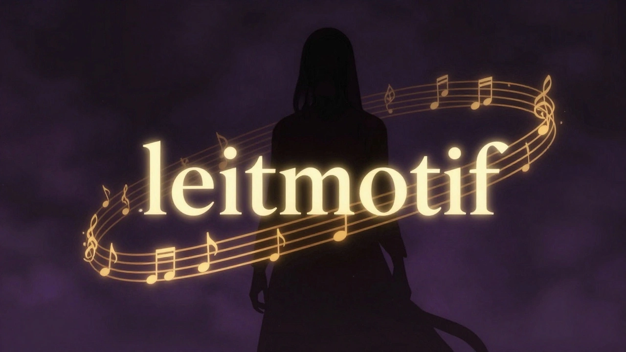 Silhouette of a character entwined with golden musical notes against a dark purple background.