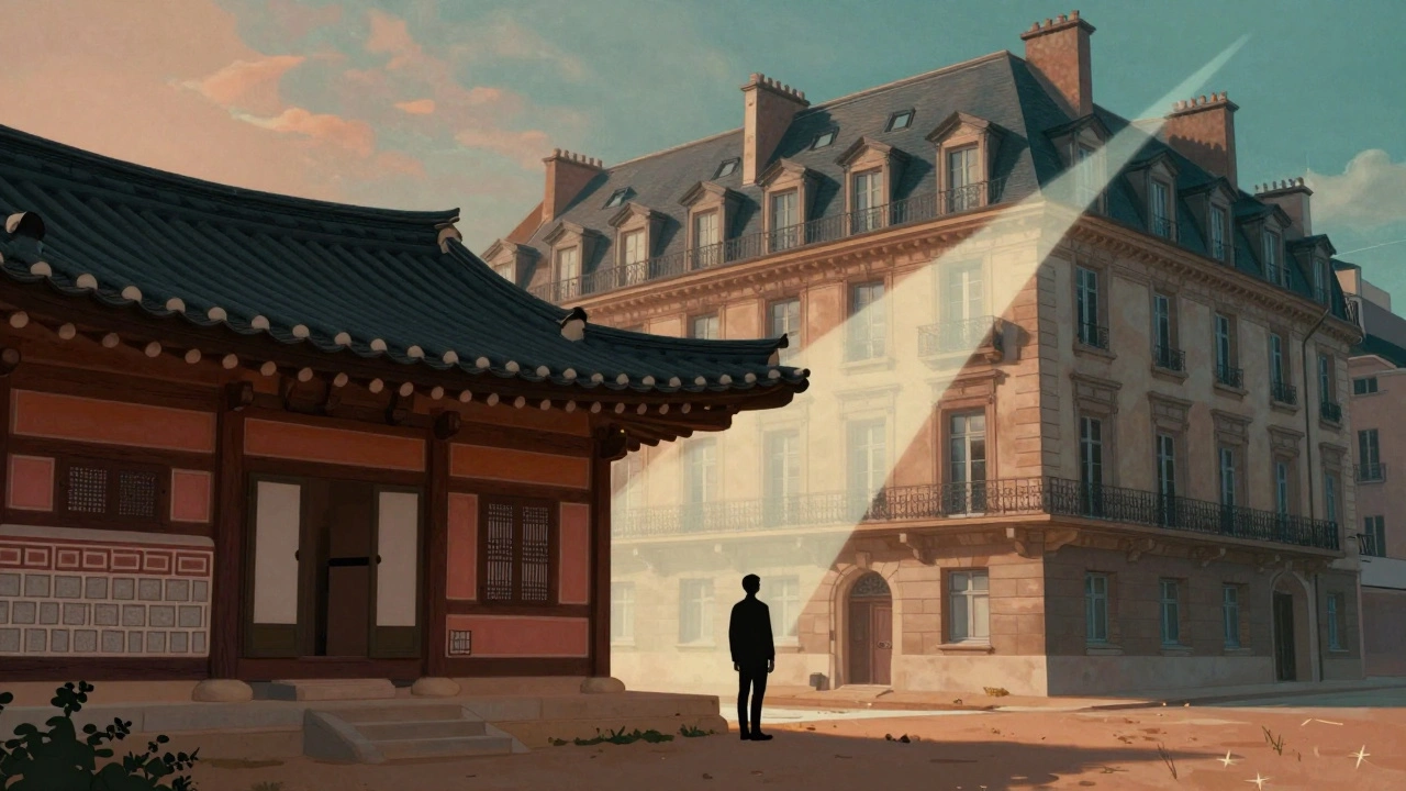 Silhouette of a person in a surreal building blending Korean and French architecture
