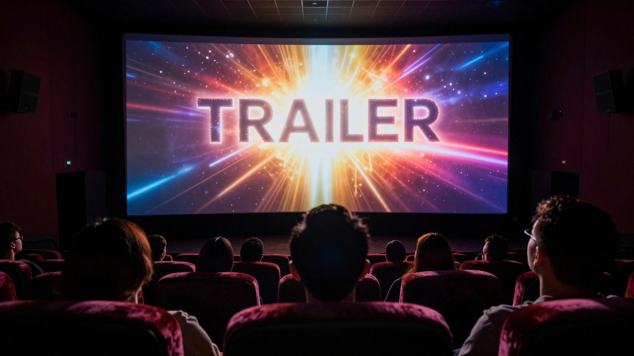 Silhouettes of a cinema audience watching a vivid movie trailer on a large screen.