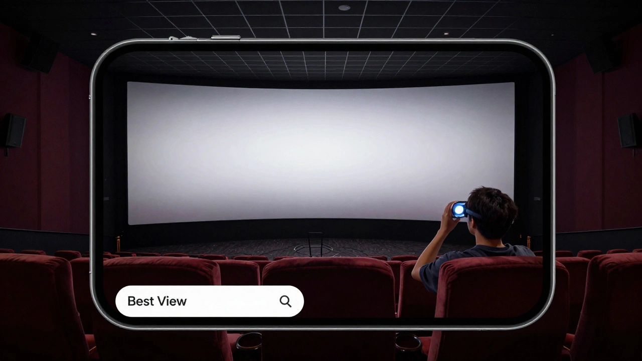 Smartphone showing an AR preview of a massive curved cinema screen and luxury seating