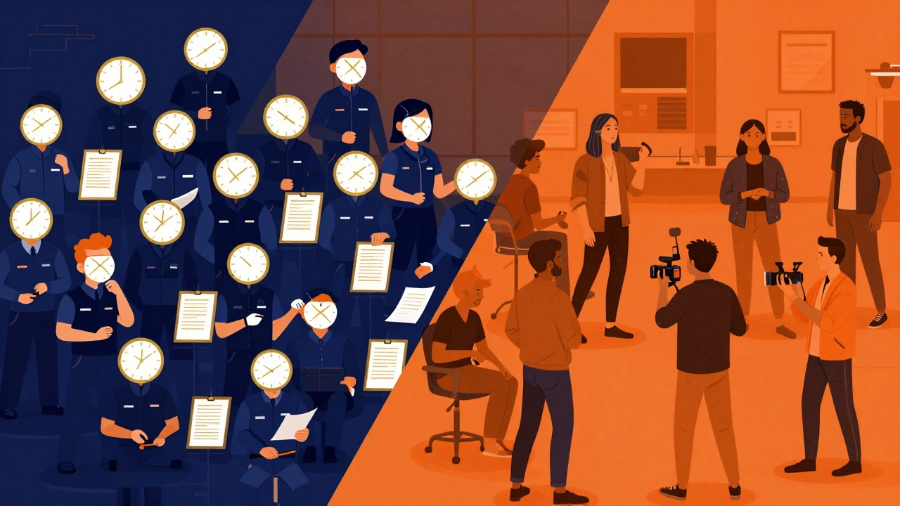 Split illustration comparing a structured union crew and a flexible non-union film crew.