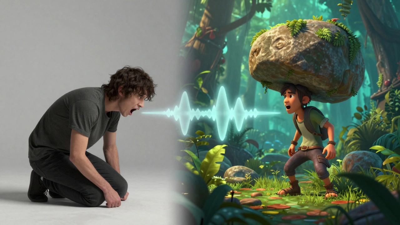 Split image showing a physical actor and their corresponding 3D animated character in distress.