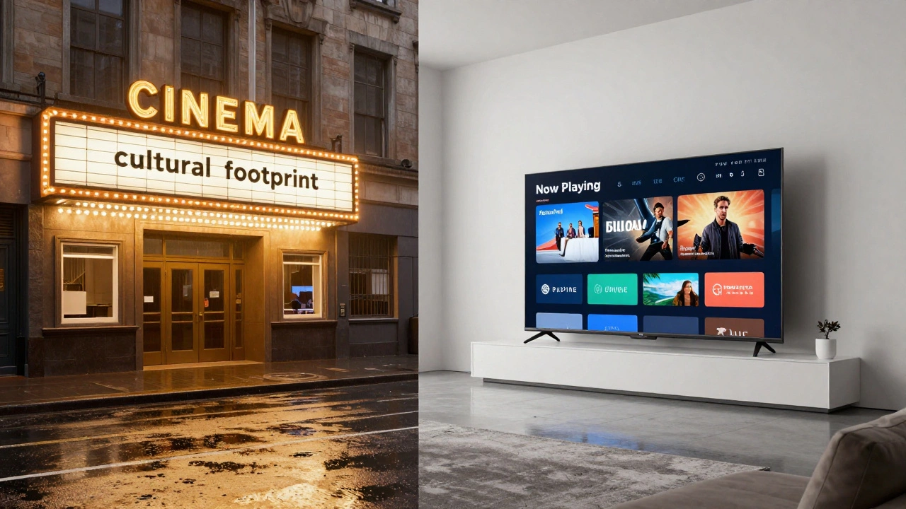 Split scene showing a classic movie theater marquee and a modern streaming TV