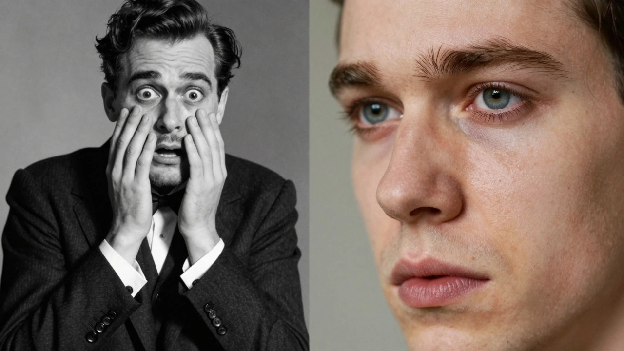 Split screen comparing an exaggerated silent film actor with a subtle modern actor's face.