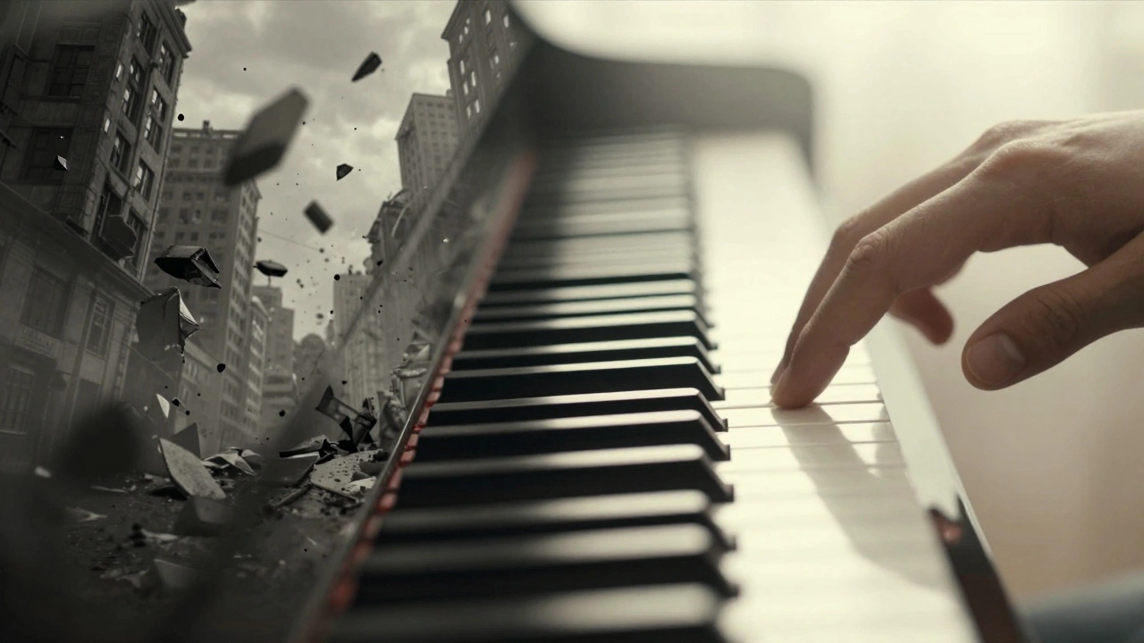 Split-screen showing a chaotic grayscale city collapse next to a peaceful white piano key.