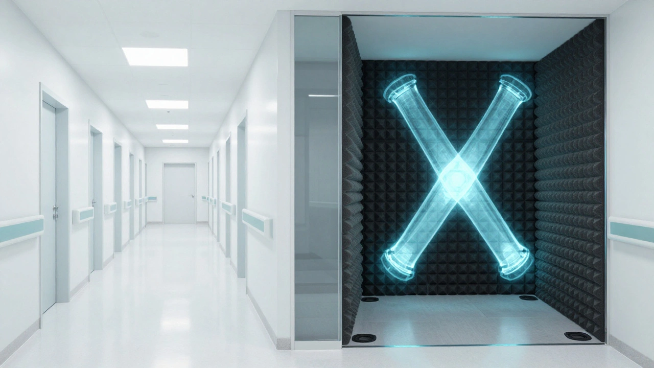 Split view of a hospital set showing hidden acoustic foam and rubber padding