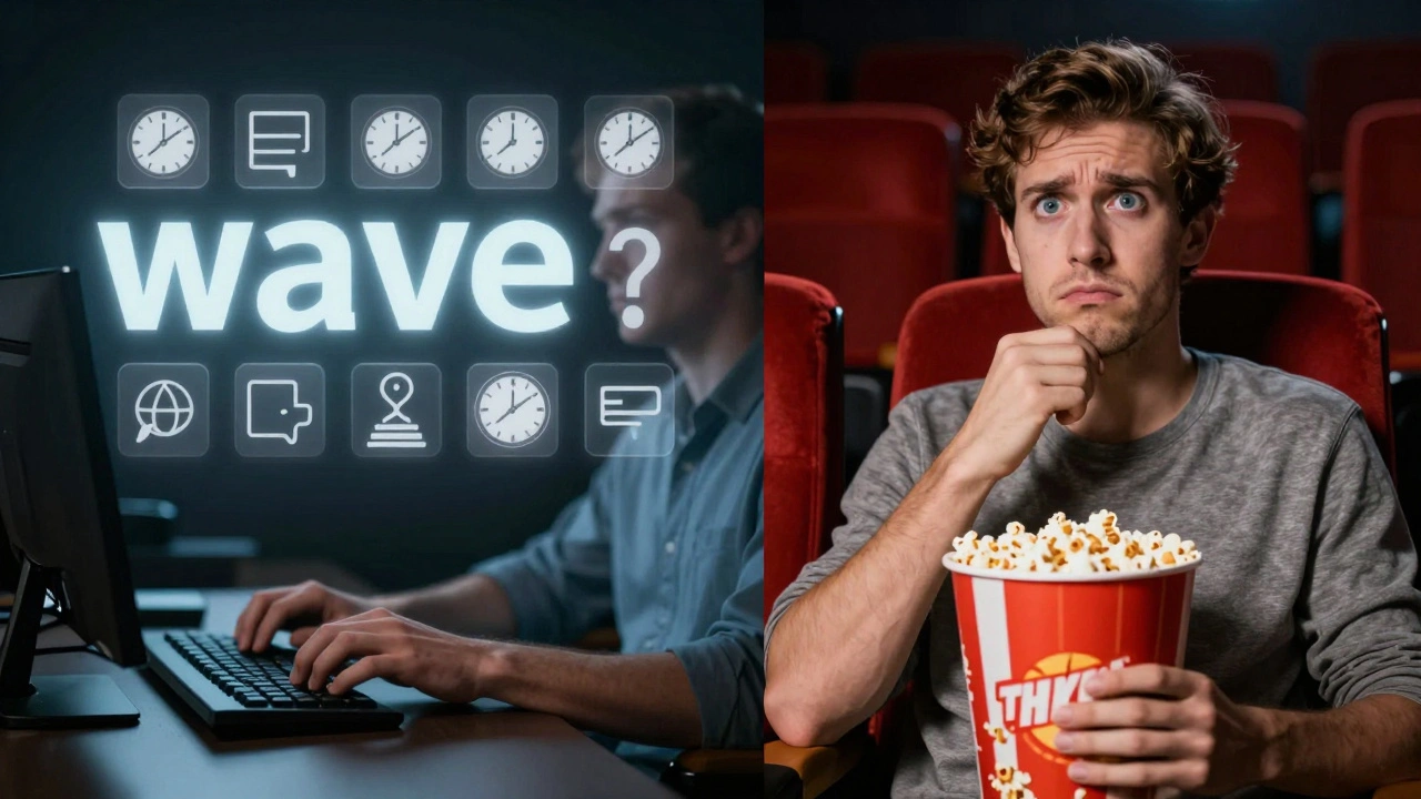 Split view of a professional critic under embargo versus a regular cinema viewer.