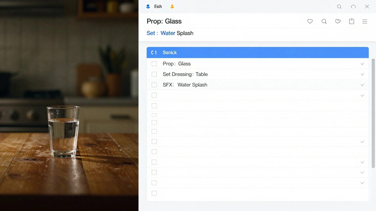 Split view showing a cinematic kitchen scene and its corresponding logistical checklist.