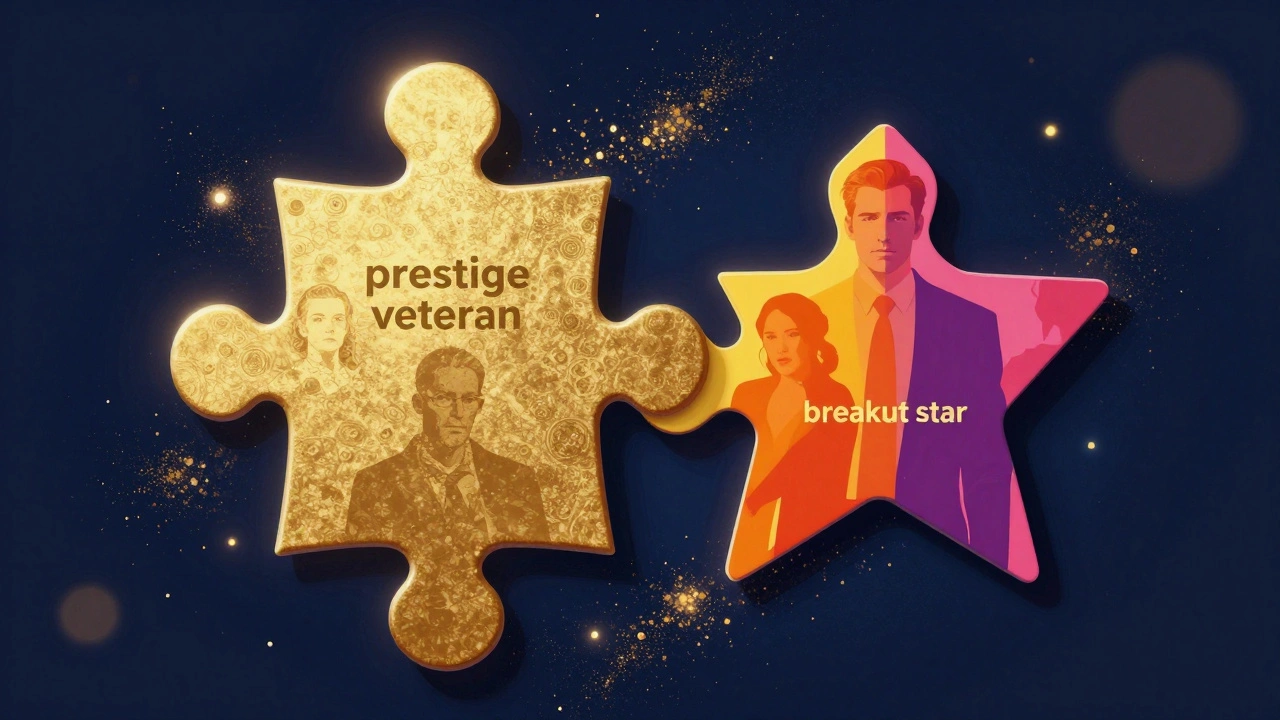 Stylized puzzle pieces forming a film strip, symbolizing the strategic casting of actors.